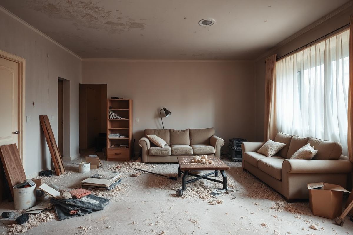 Living room before cleaning, covered in construction dust