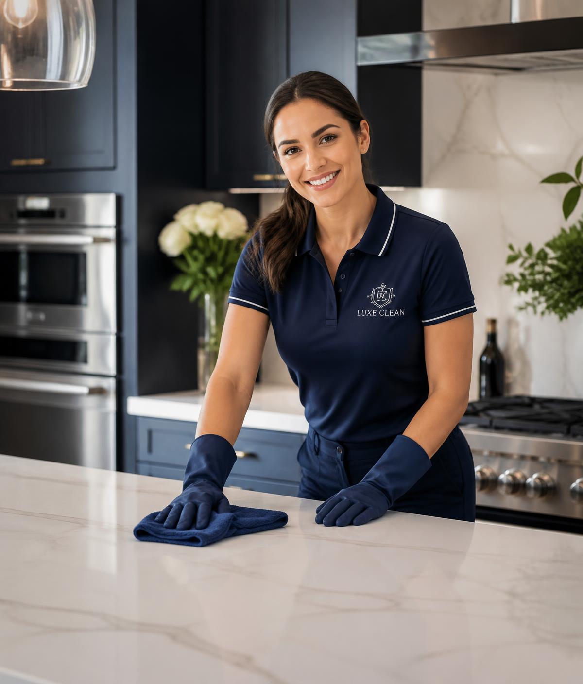Professional Pretty Clean Homes cleaner polishing a marble kitchen island