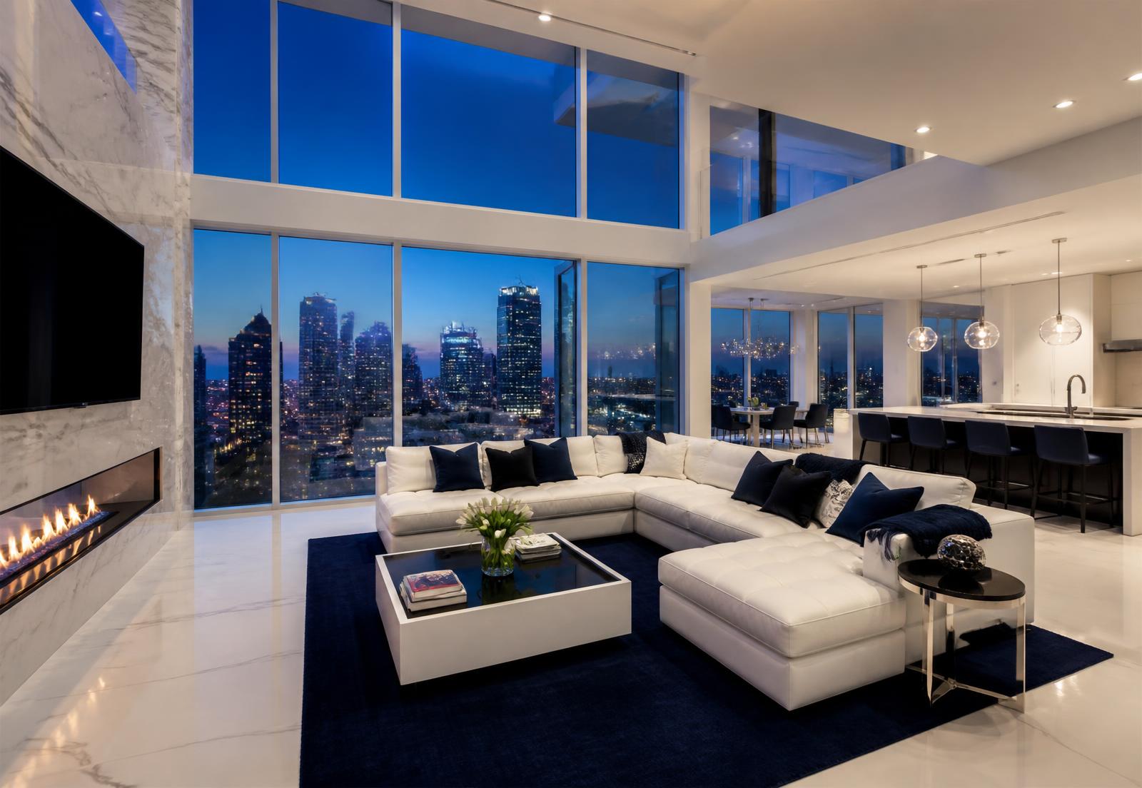 Immaculate modern luxury living room in Atlanta at dusk